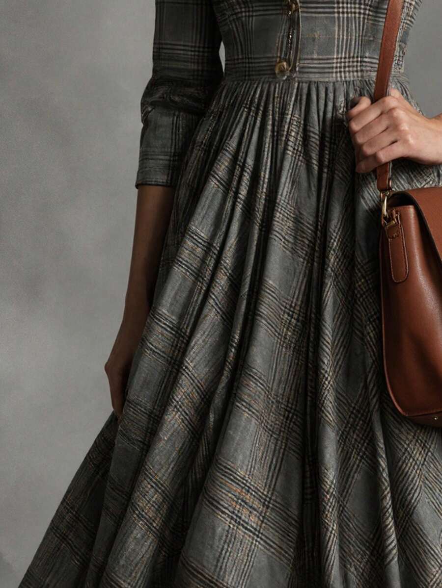 Layla Plaid Pleated V Neck Maxi Dress - view 4