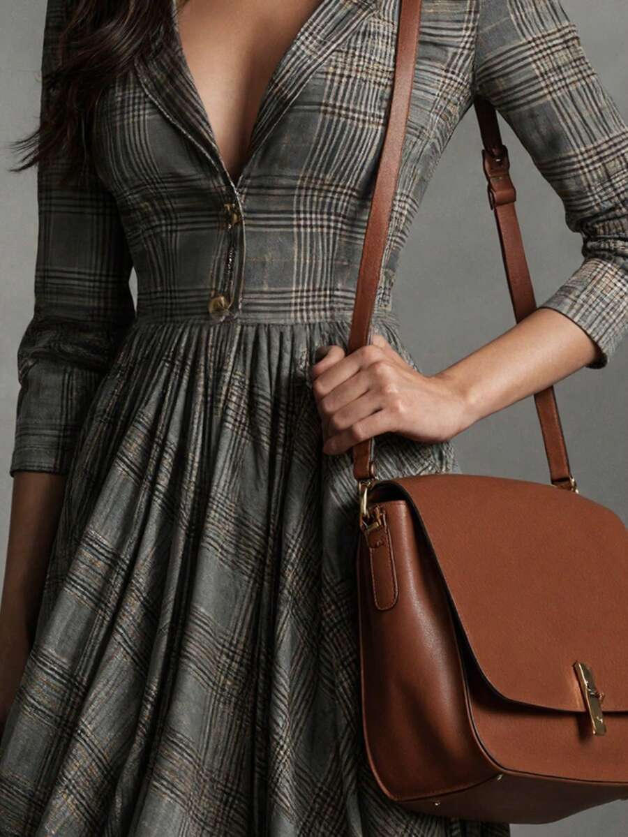 Layla Plaid Pleated V Neck Maxi Dress - view 6