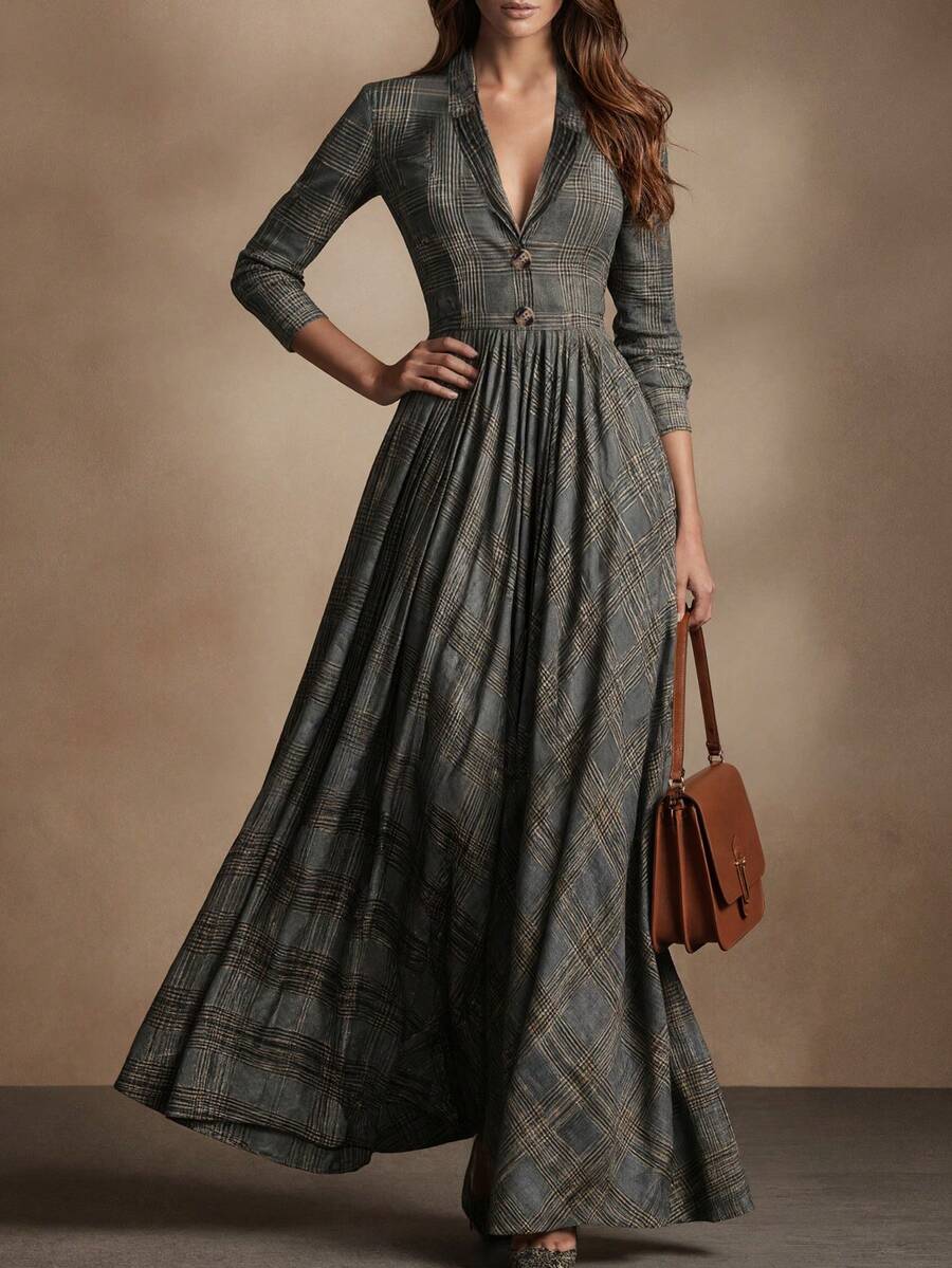 Layla Plaid Pleated V Neck Maxi Dress - view 2