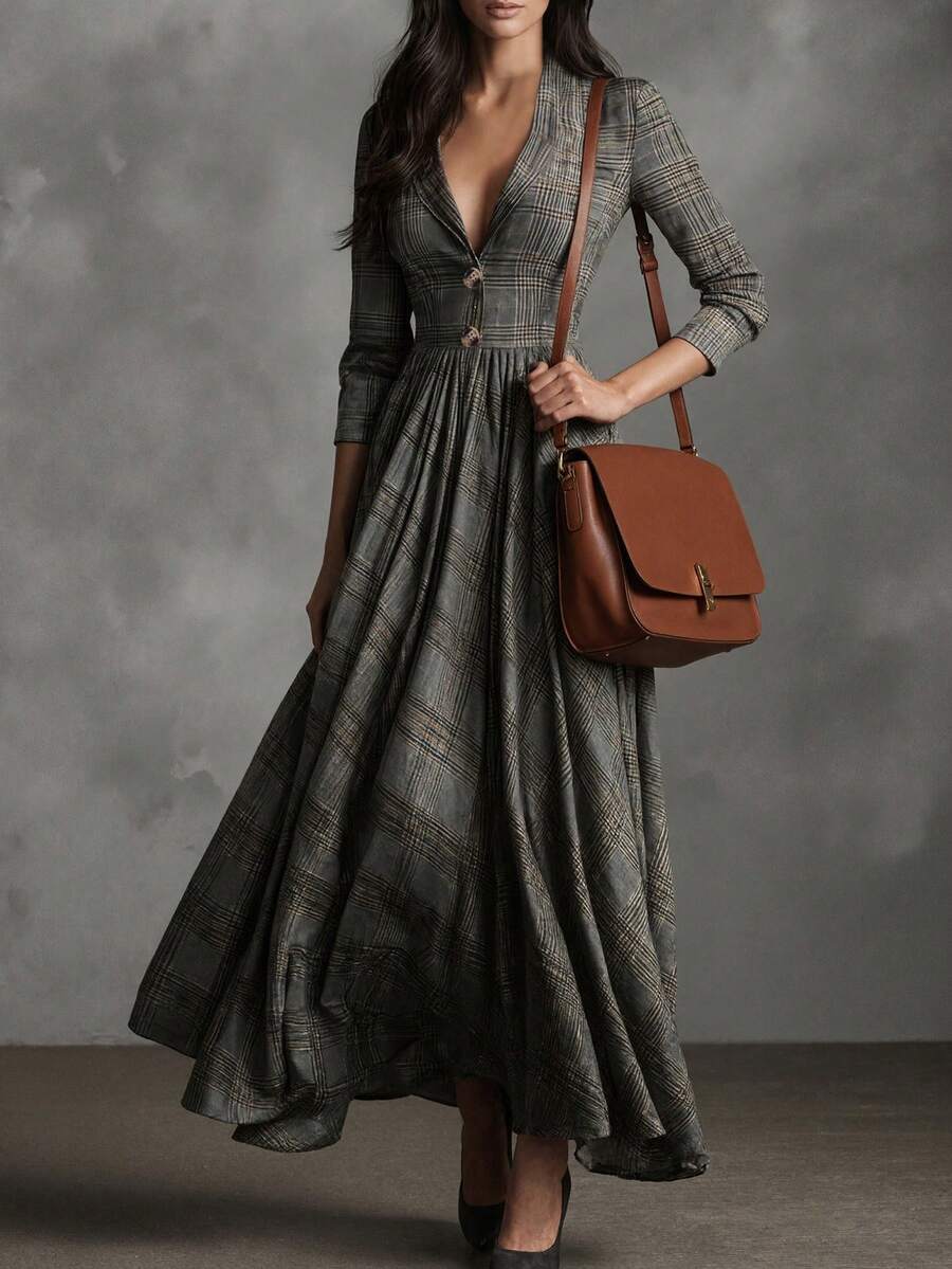 Layla Plaid Pleated V Neck Maxi Dress - front view