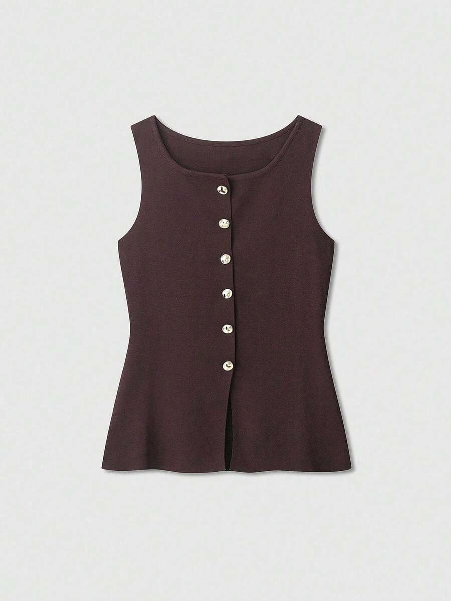Selin Ribbed Button Front Sleeveless Top - view 15