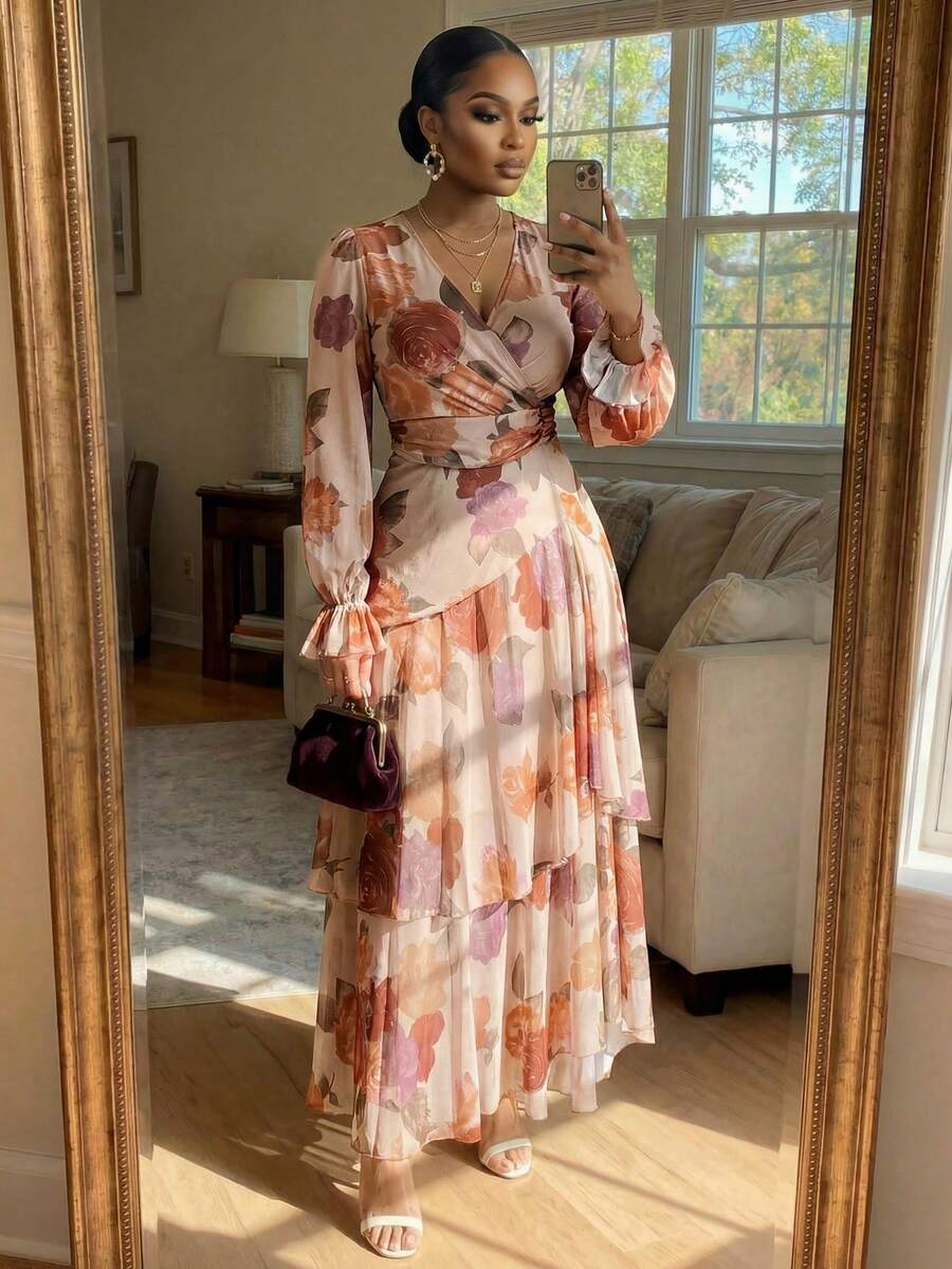 Ella Tiered Balloon Sleeve Maxi Dress - front view