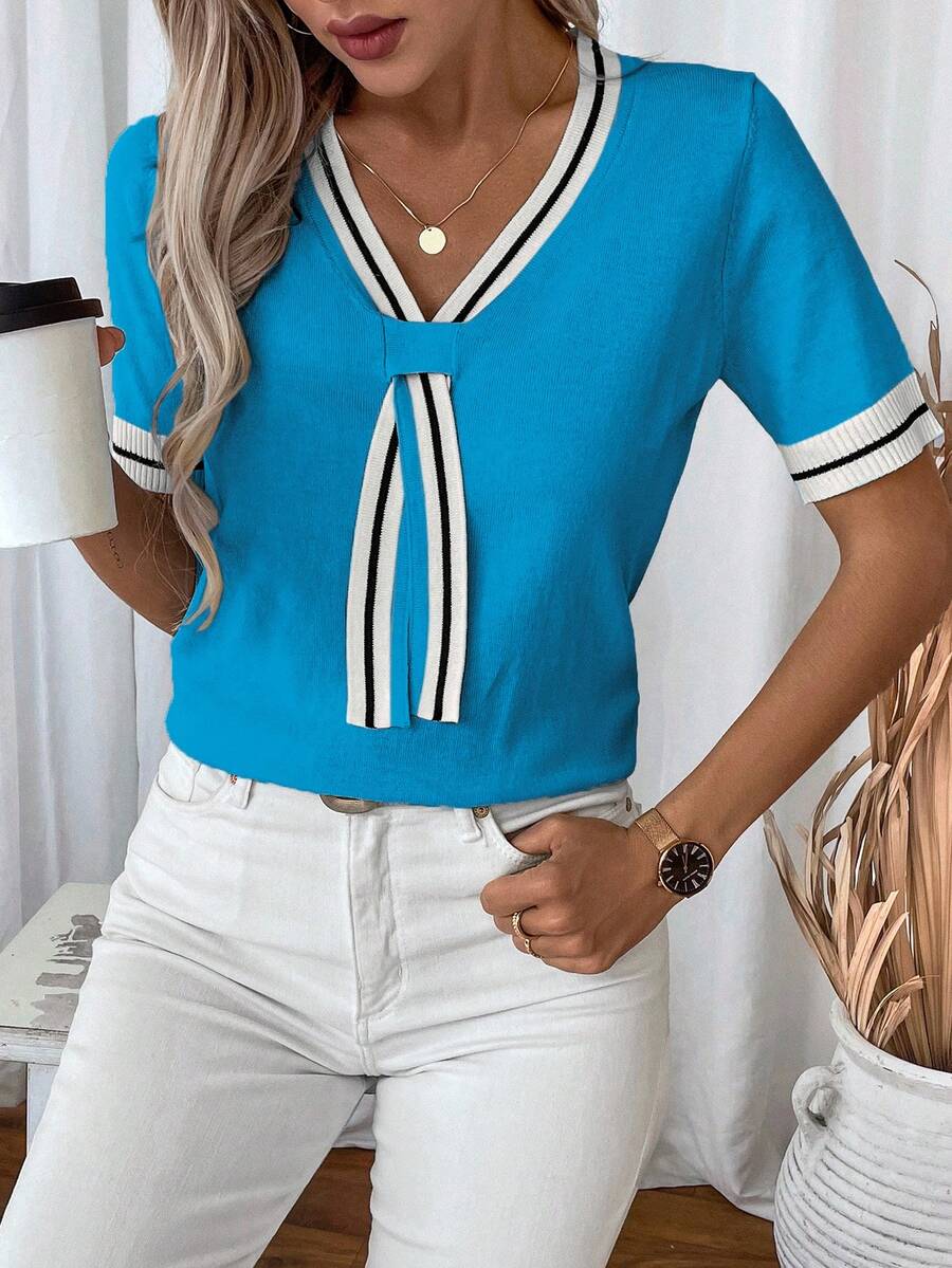Fleur Contrast Panel V Neck Sweater - view 11