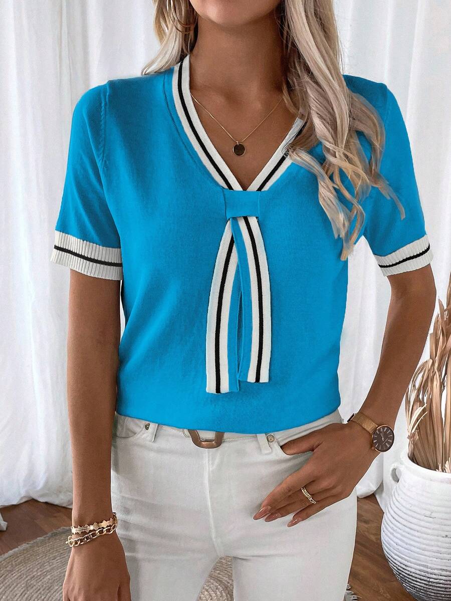 Fleur Contrast Panel V Neck Sweater - view 12