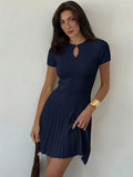 Ava Ribbed Pleated Keyhole Mini Dress - front view