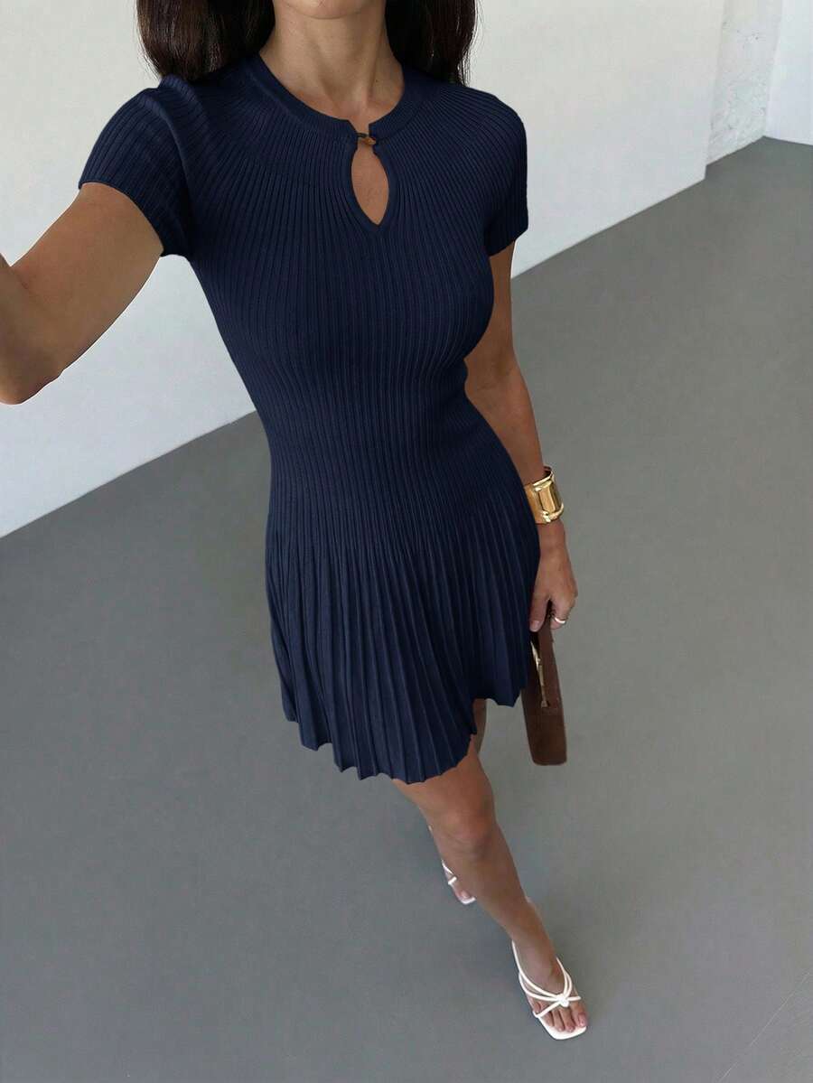 Ava Ribbed Pleated Keyhole Mini Dress - view 6