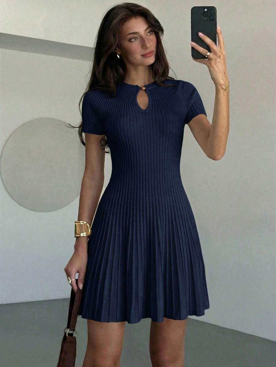 Ava Ribbed Pleated Keyhole Mini Dress - view 7