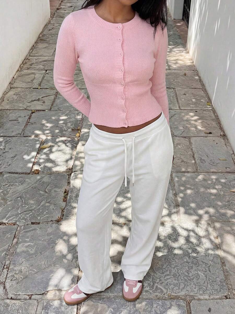 Mira Ribbed Button Front Cropped Cardigan - front view