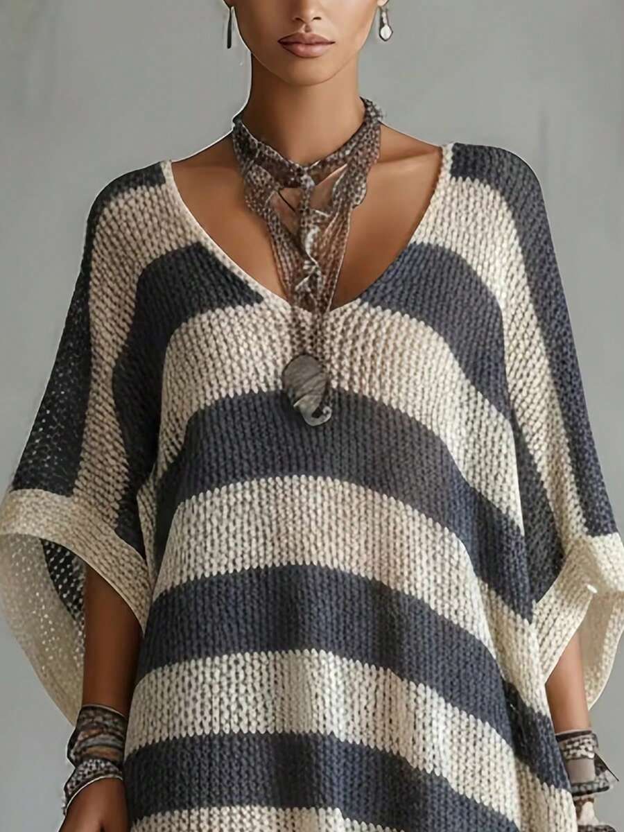 Olivia Striped Oversized V Neck Sweater Dress - view 4