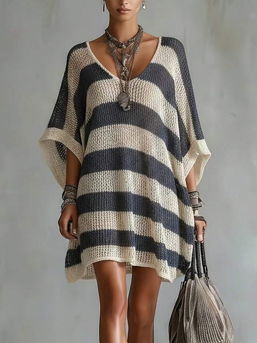 Olivia Striped Oversized V Neck Sweater Dress - front view