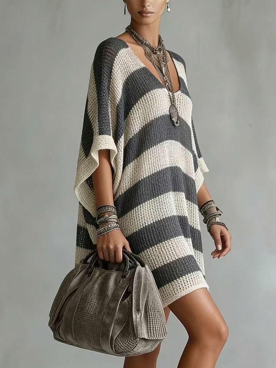 Olivia Striped Oversized V Neck Sweater Dress - view 3