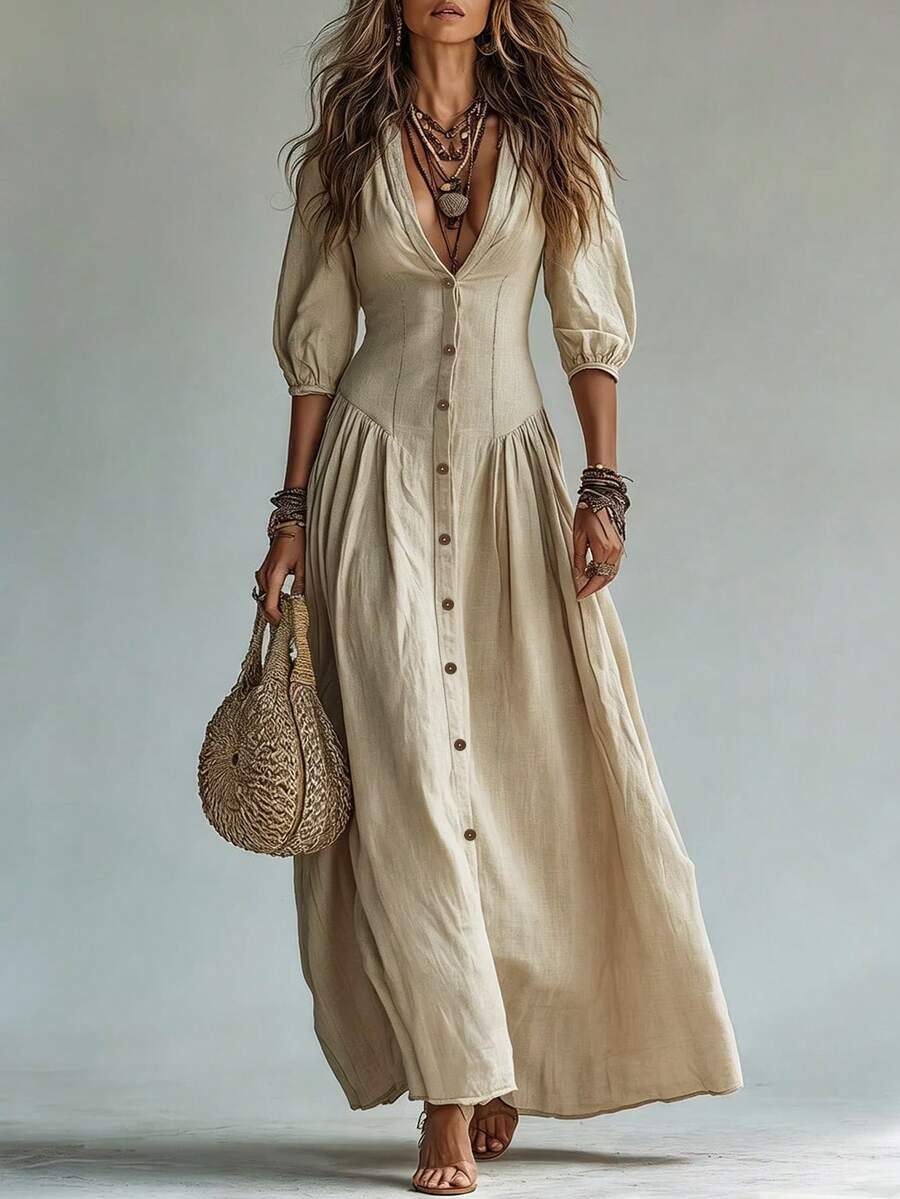 Eloise V Neck Puff Sleeve Maxi Dress - front view
