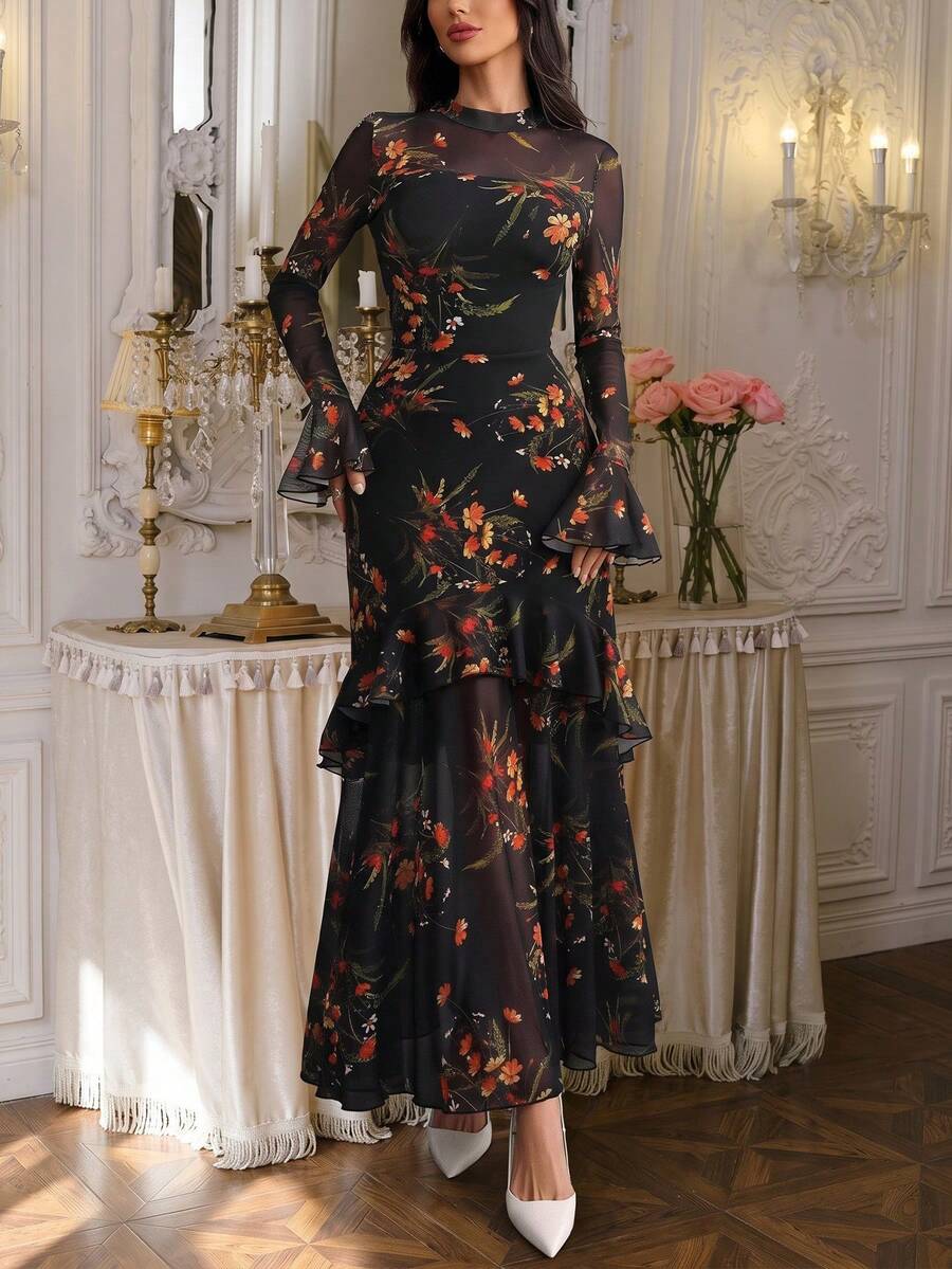 Hazel Turtleneck Floral Print Maxi Dress - front view
