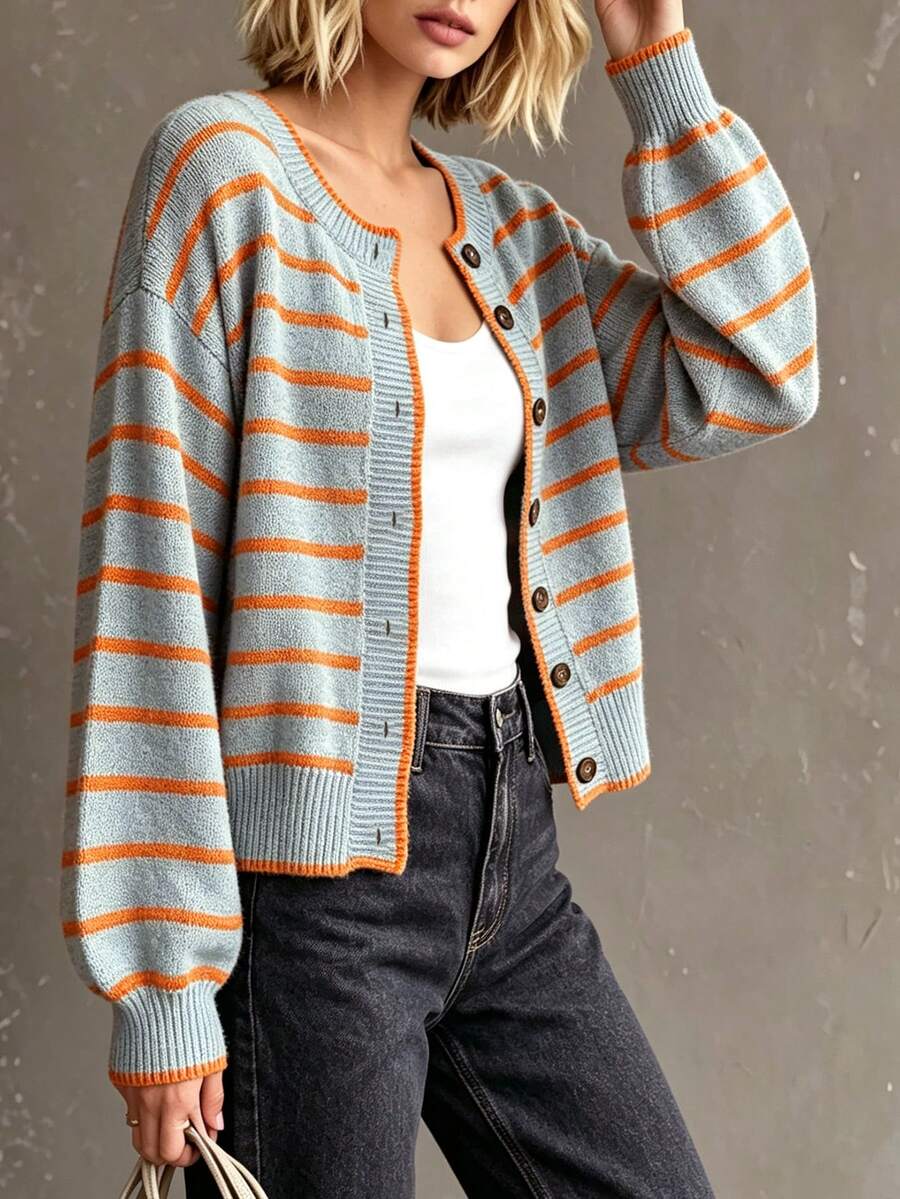 Nuria Striped Button Front Round Neck Cardigan - view 5