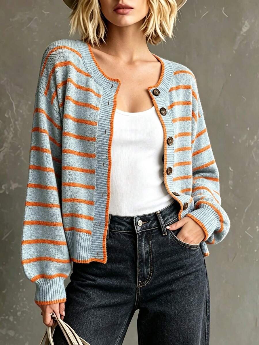 Nuria Striped Button Front Round Neck Cardigan - front view