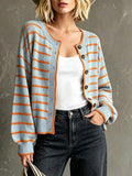 Nuria Striped Button Front Round Neck Cardigan - front view