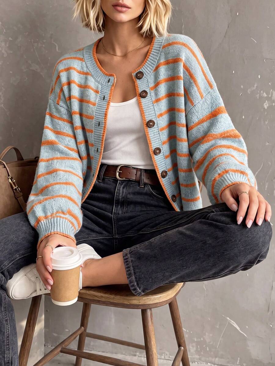 Nuria Striped Button Front Round Neck Cardigan - view 4