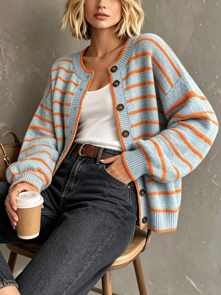 Nuria Striped Button Front Round Neck Cardigan - view 3