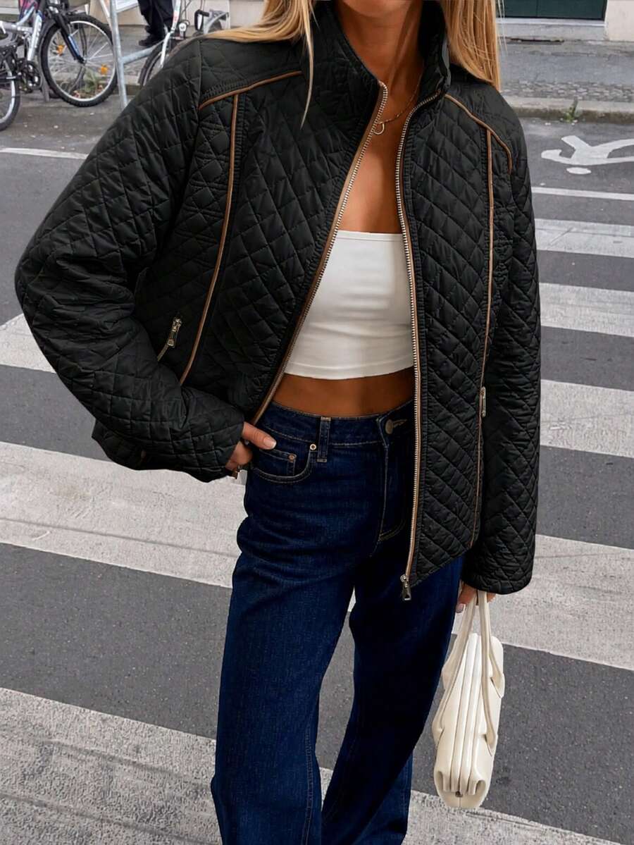 Jane Quilted Contrast Panel Stand Collar Jacket - view 3