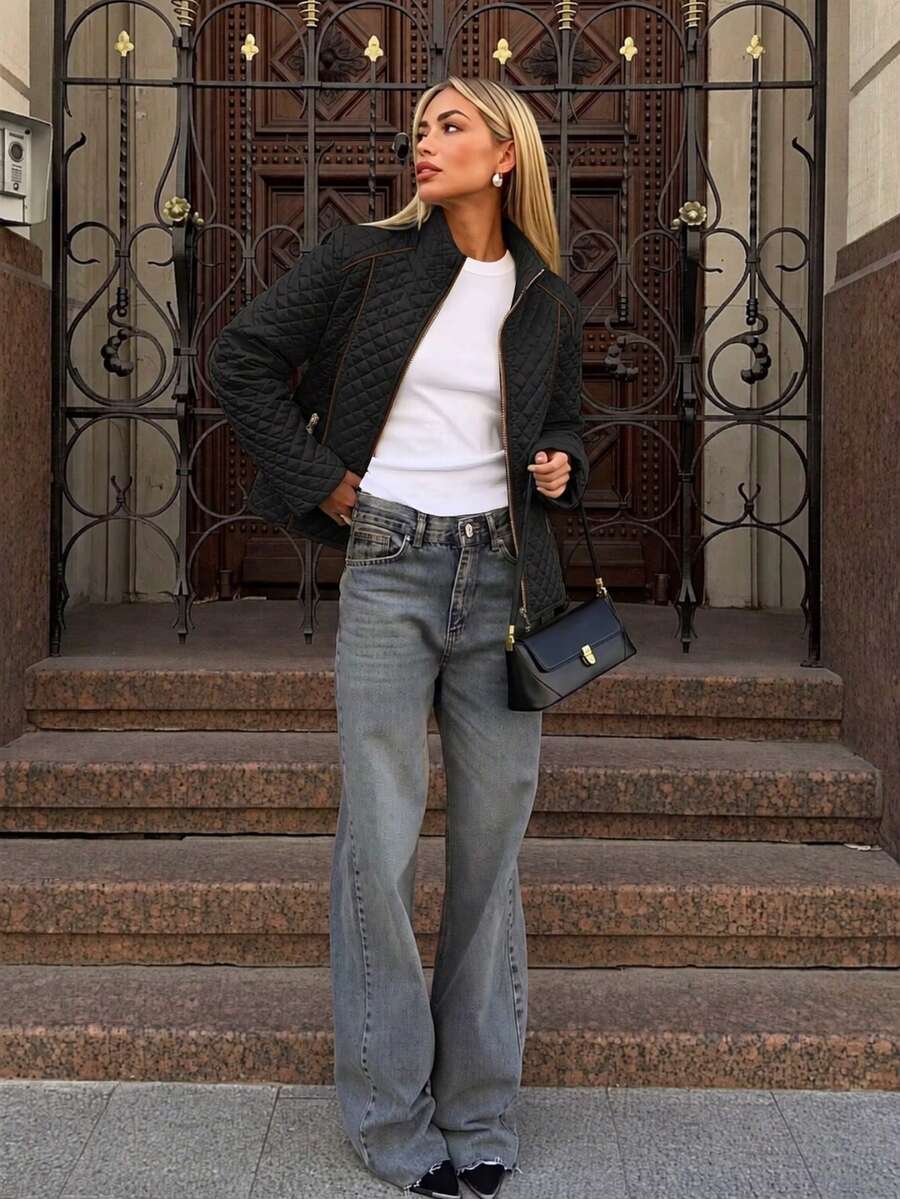 Jane Quilted Contrast Panel Stand Collar Jacket - view 4