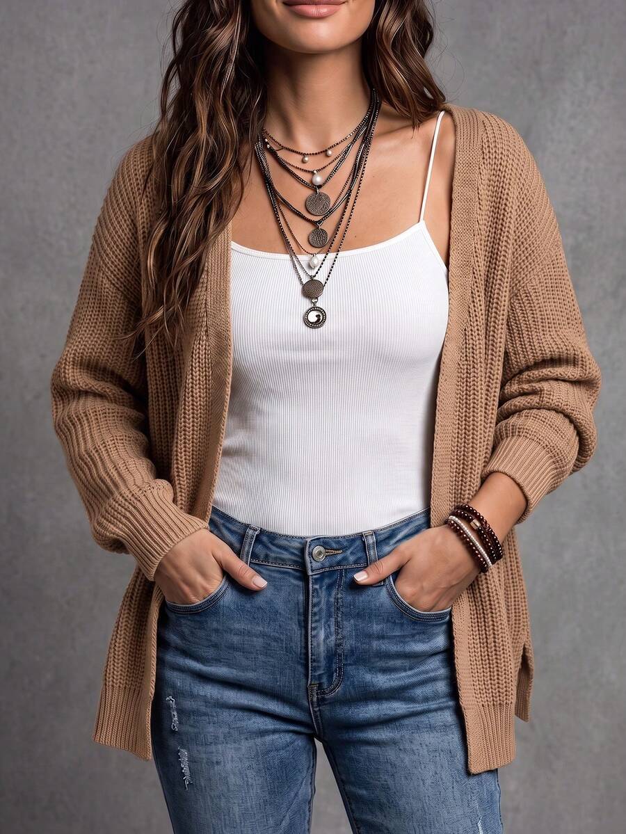 Willa | Rib-Knit Open-Front Cardigan With Side Slits