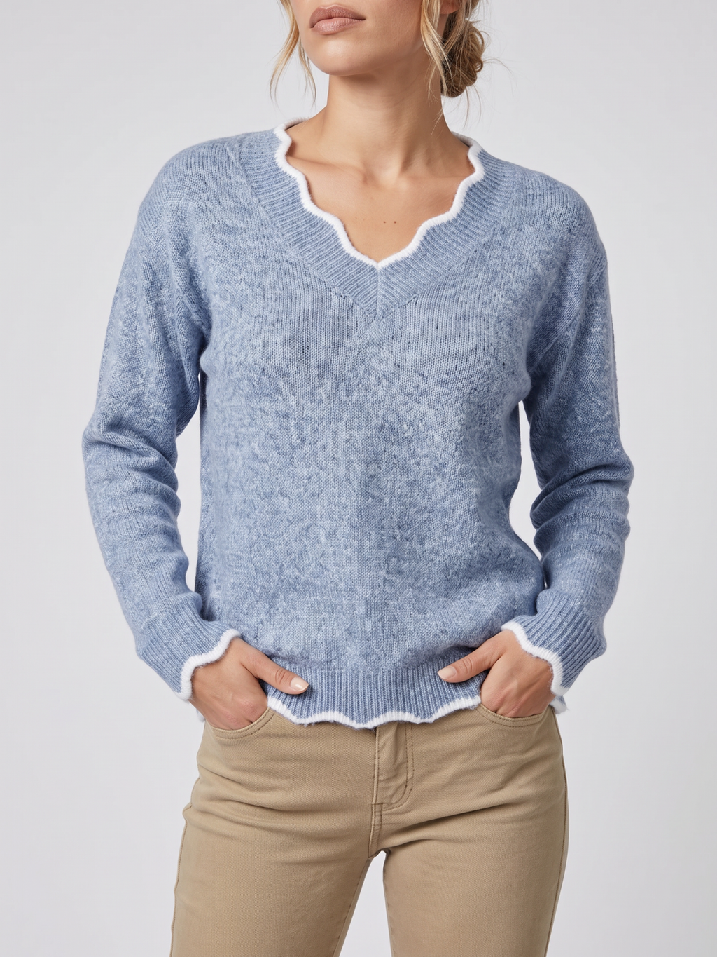 Emilie Contrast Panel V Neck Long Sleeve Sweater - view 4