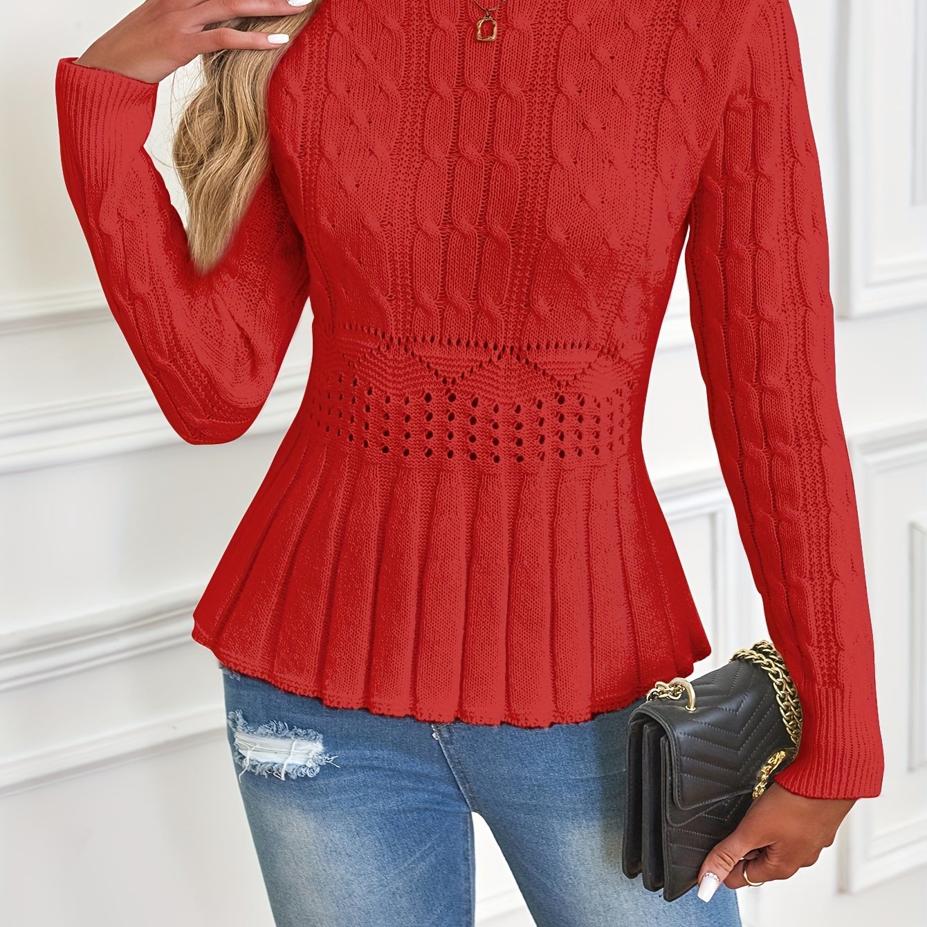 Manon Cable Knit Pointelle Peplum Sweater - view 4