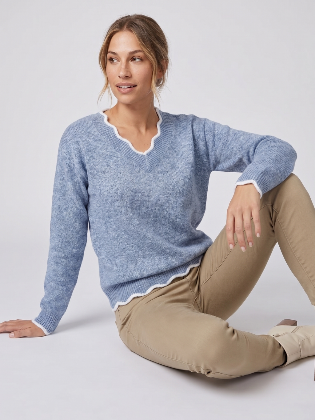 Emilie Contrast Panel V Neck Long Sleeve Sweater - view 5