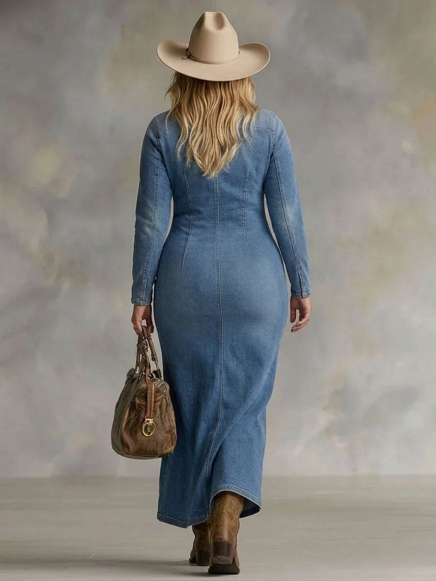 Gwen | V-neck Single Button Side Split Denim Long Sleeve Maxi Dress