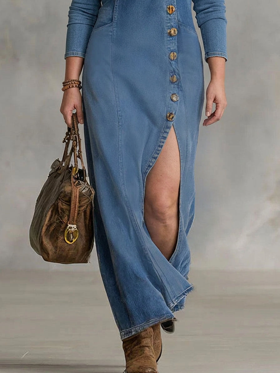 Gwen | V-neck Single Button Side Split Denim Long Sleeve Maxi Dress