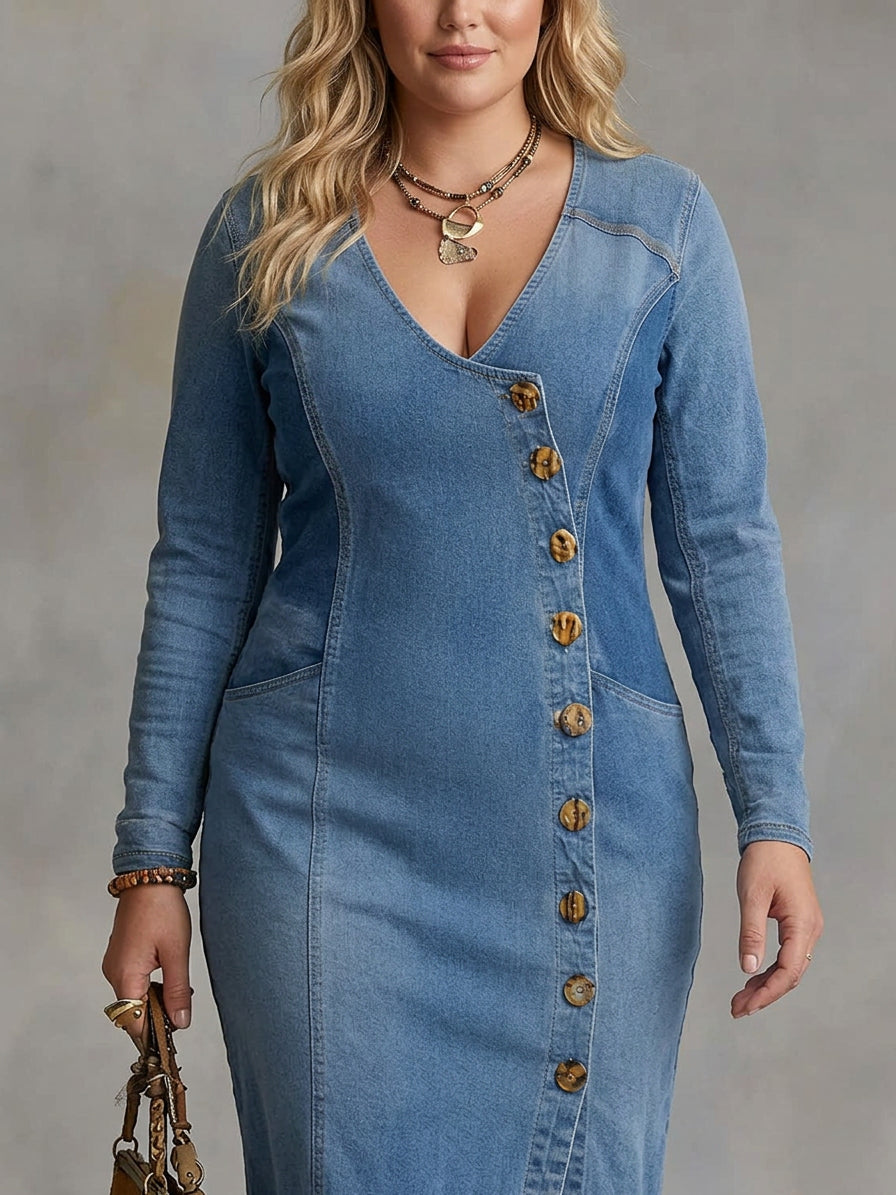 Gwen | V-neck Single Button Side Split Denim Long Sleeve Maxi Dress