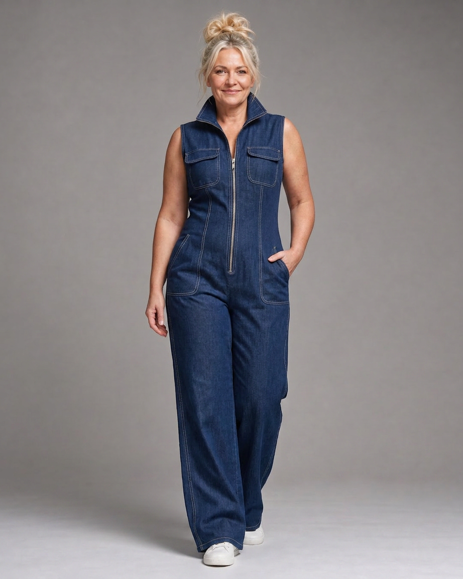 Freya | Zip Front Sleeveless Denim Wide Leg Jumpsuit