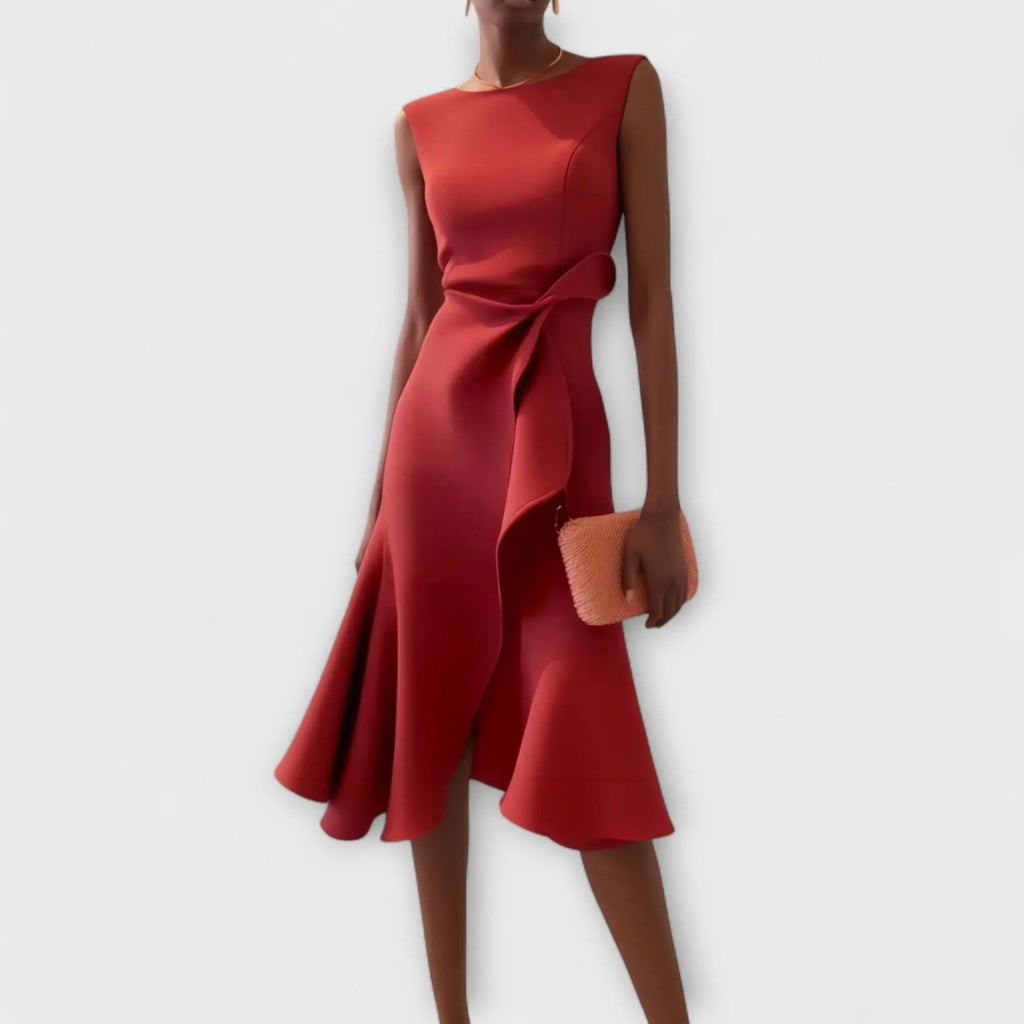 Eira Asymmetric Ruffle Midi Dress - front view