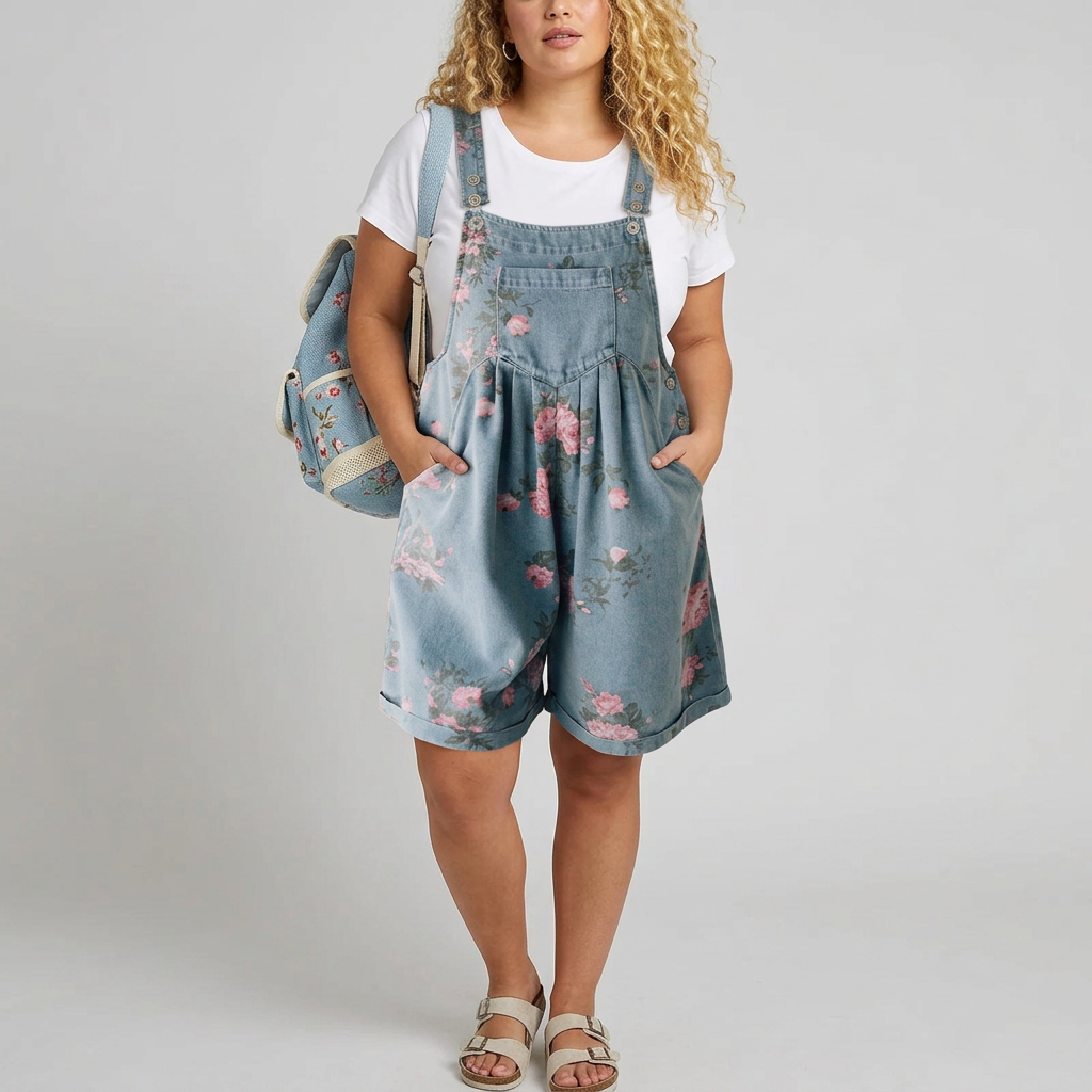 Solene | Vintage Washed Soft Cotton Feel Denim Floral Jumpsuit