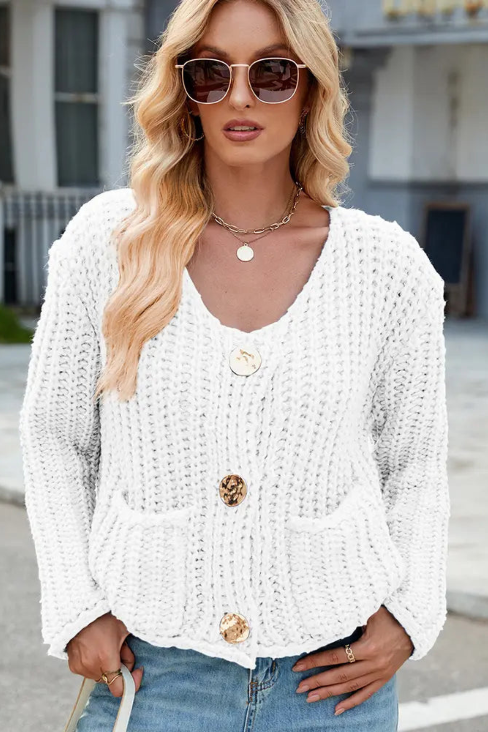 Amira Button Front V Neck Patch Pocket Cardigan - front view