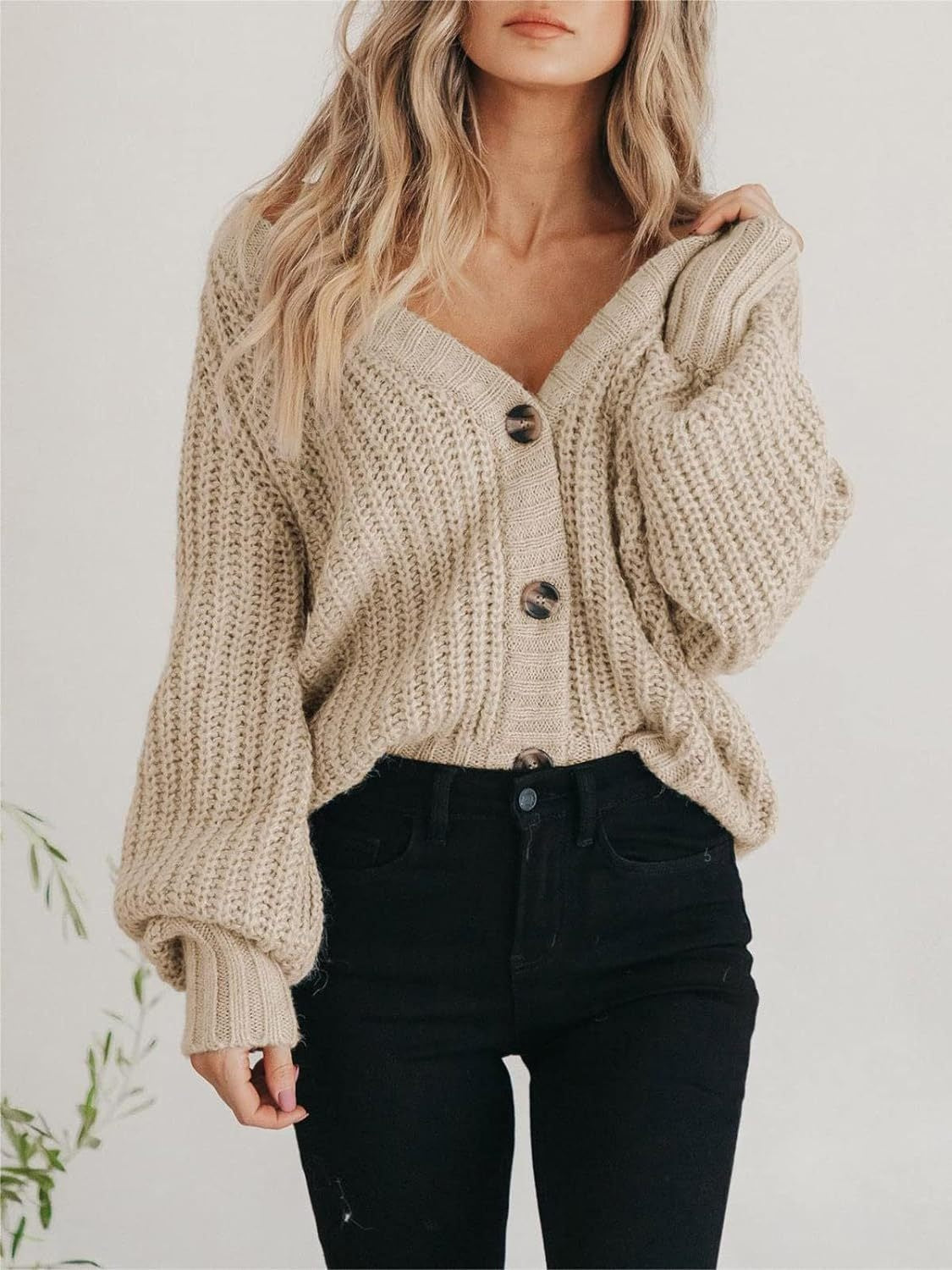 Cassandra | Chunky Knit Cardigan with Deep V Neck and Buttons for Women
