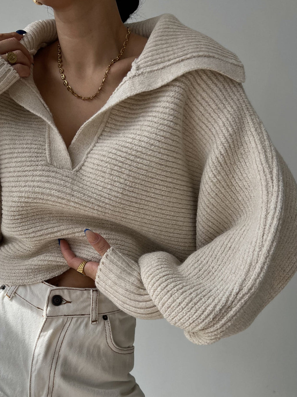 Jane | Ribbed Polo Sweater with Split Collar and Wide Cuffs for Women