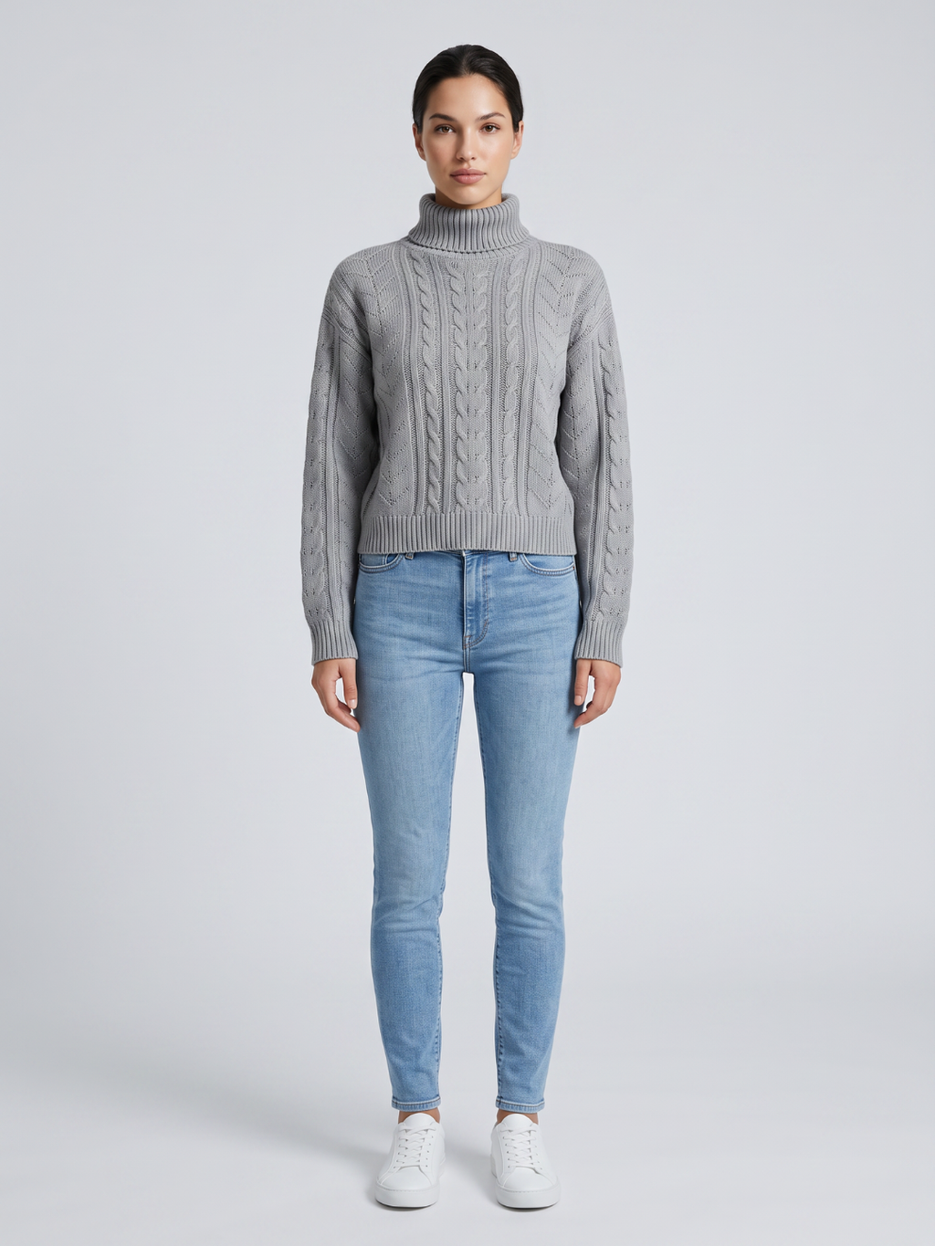 Scarlett Cable Knit Ribbed Turtleneck Sweater - front view