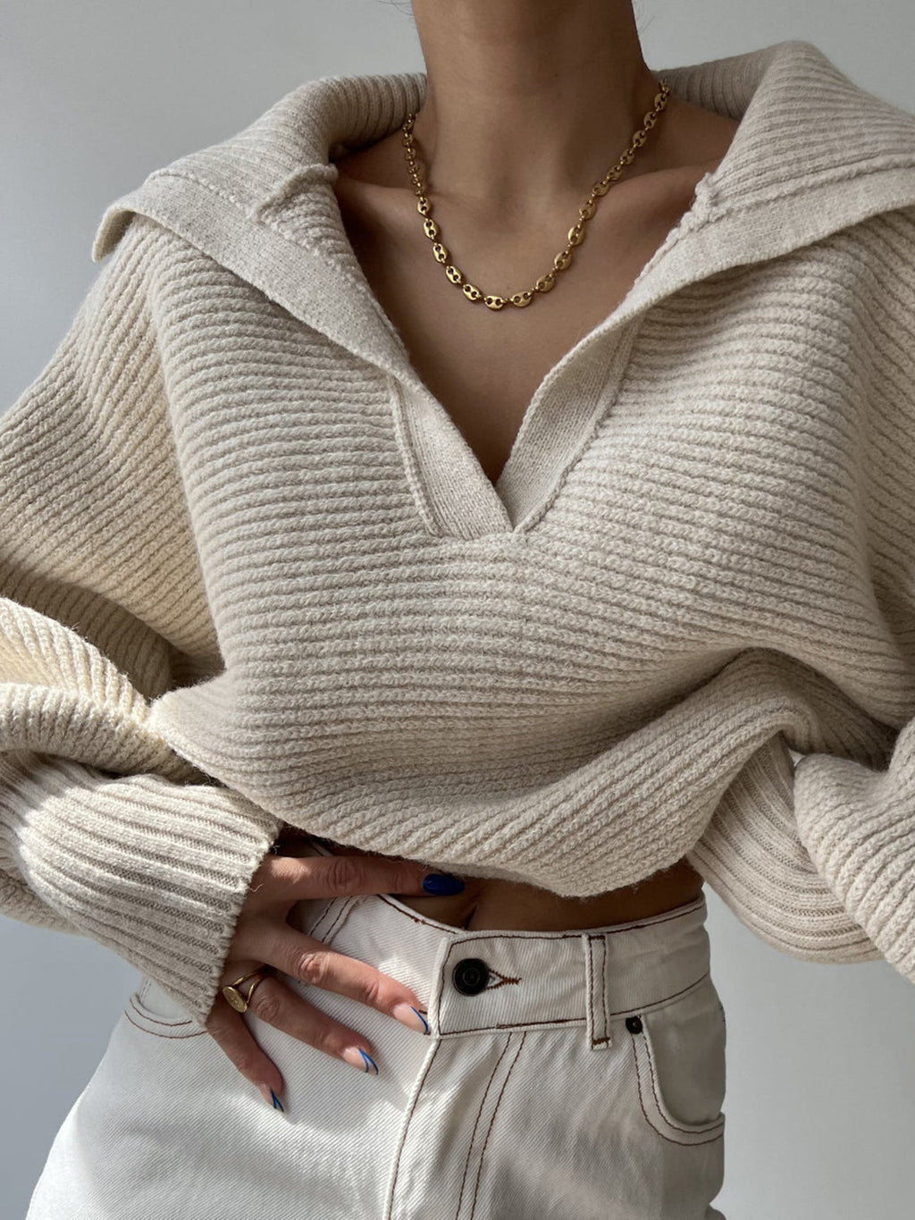Jane | Ribbed Polo Sweater with Split Collar and Wide Cuffs for Women
