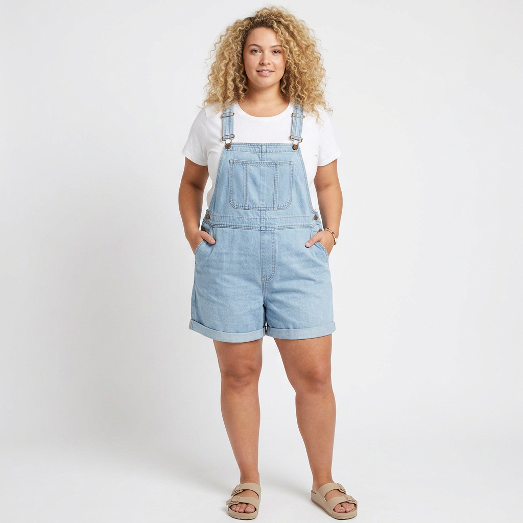 Romaine | Vintage Washed Soft Cotton Feel Denim Short Overall Light blue