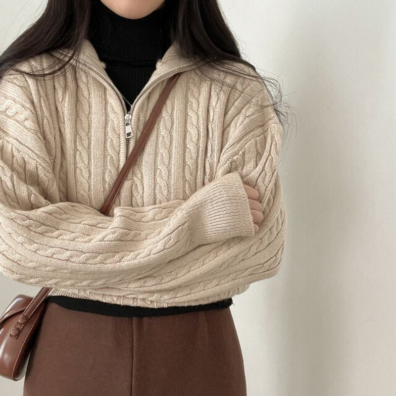 Fiona | Cropped Cable Knit Sweater with Half Zip Funnel Neck for Women
