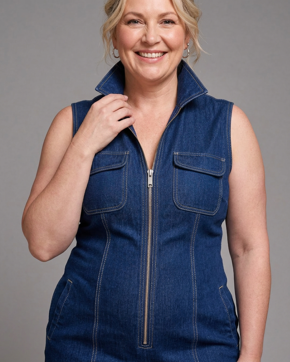 Freya | Zip Front Sleeveless Denim Wide Leg Jumpsuit