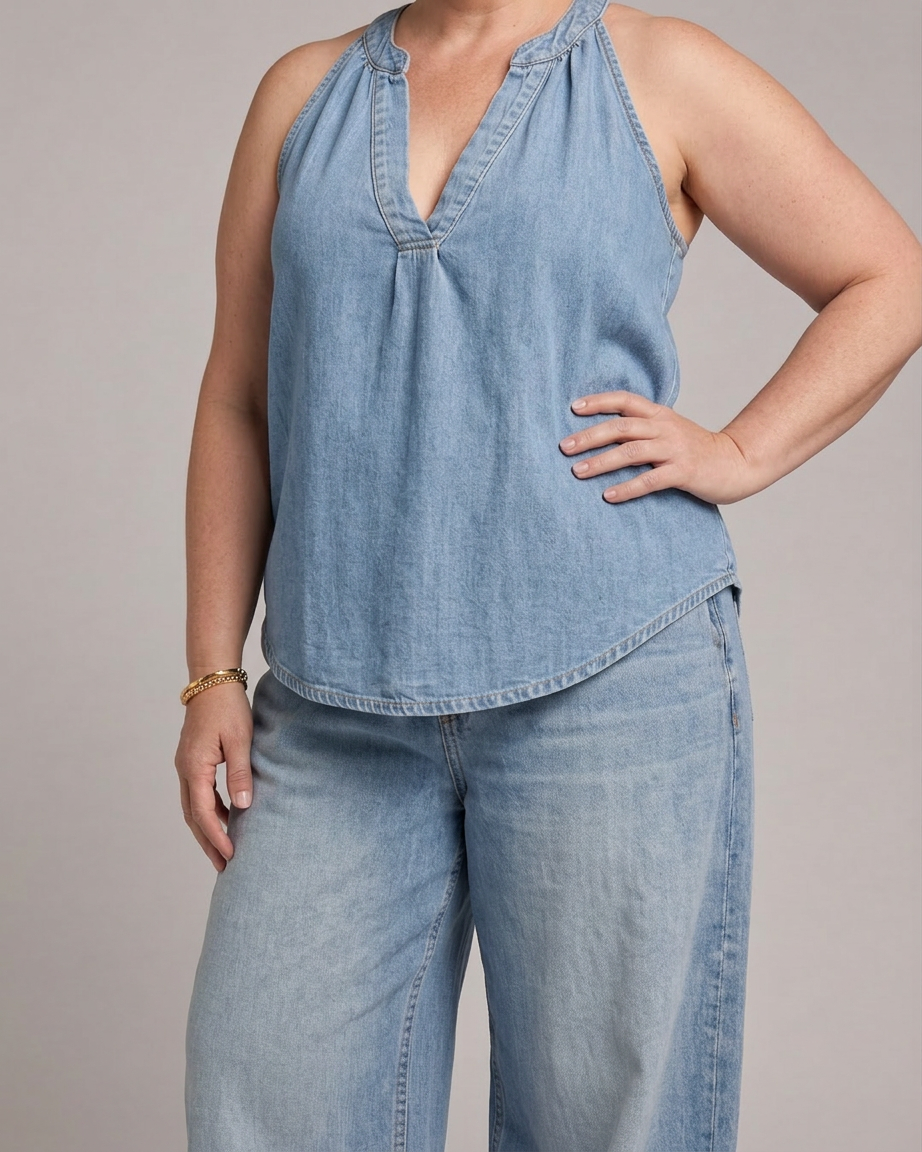 Opaline | Halter Neck Denim Top And Wide Leg Pants Set