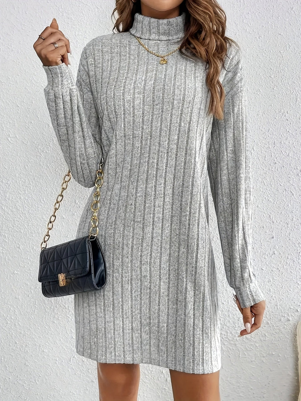 Violet Ribbed Turtleneck Long Sleeve Sweater Dress - front view