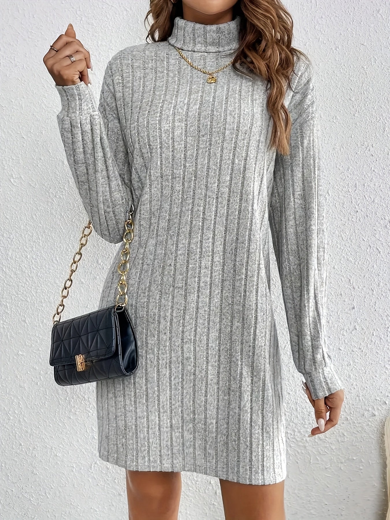 Violet Ribbed Turtleneck Long Sleeve Sweater Dress - front view