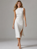 Cosima Stand Collar Split Hem Midi Dress - front view