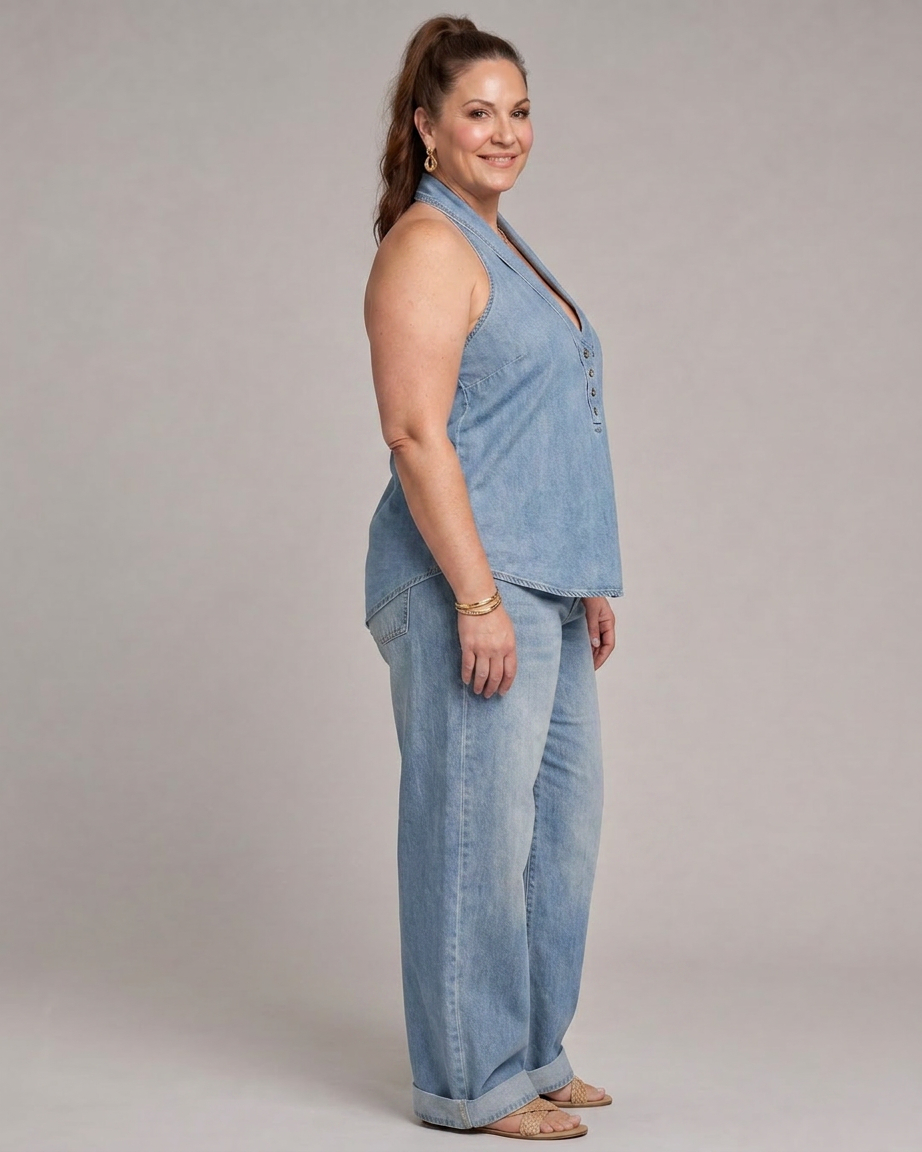 Opaline | Halter Neck Denim Top And Wide Leg Pants Set