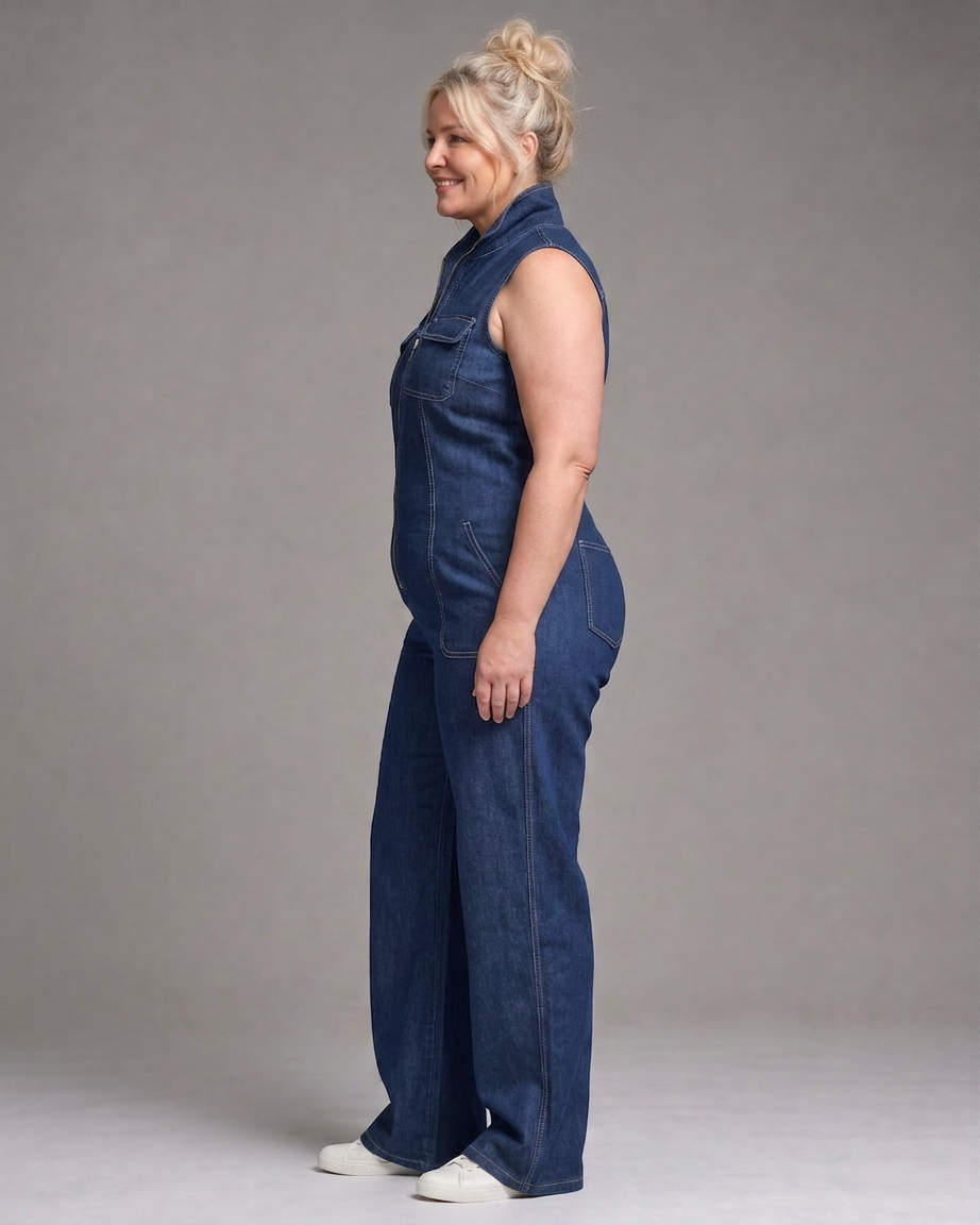 Freya | Zip Front Sleeveless Denim Wide Leg Jumpsuit
