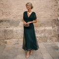 Women's Gathered V-Neck Midi Dress with Flutter Sleeves