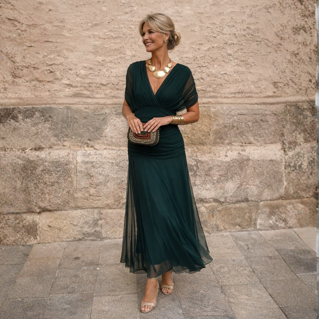 Women's Gathered V-Neck Midi Dress with Flutter Sleeves